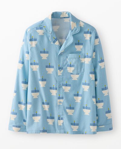 Adult Holiday Flannel Pajama Top in 8 Nights of Light on Blue - main