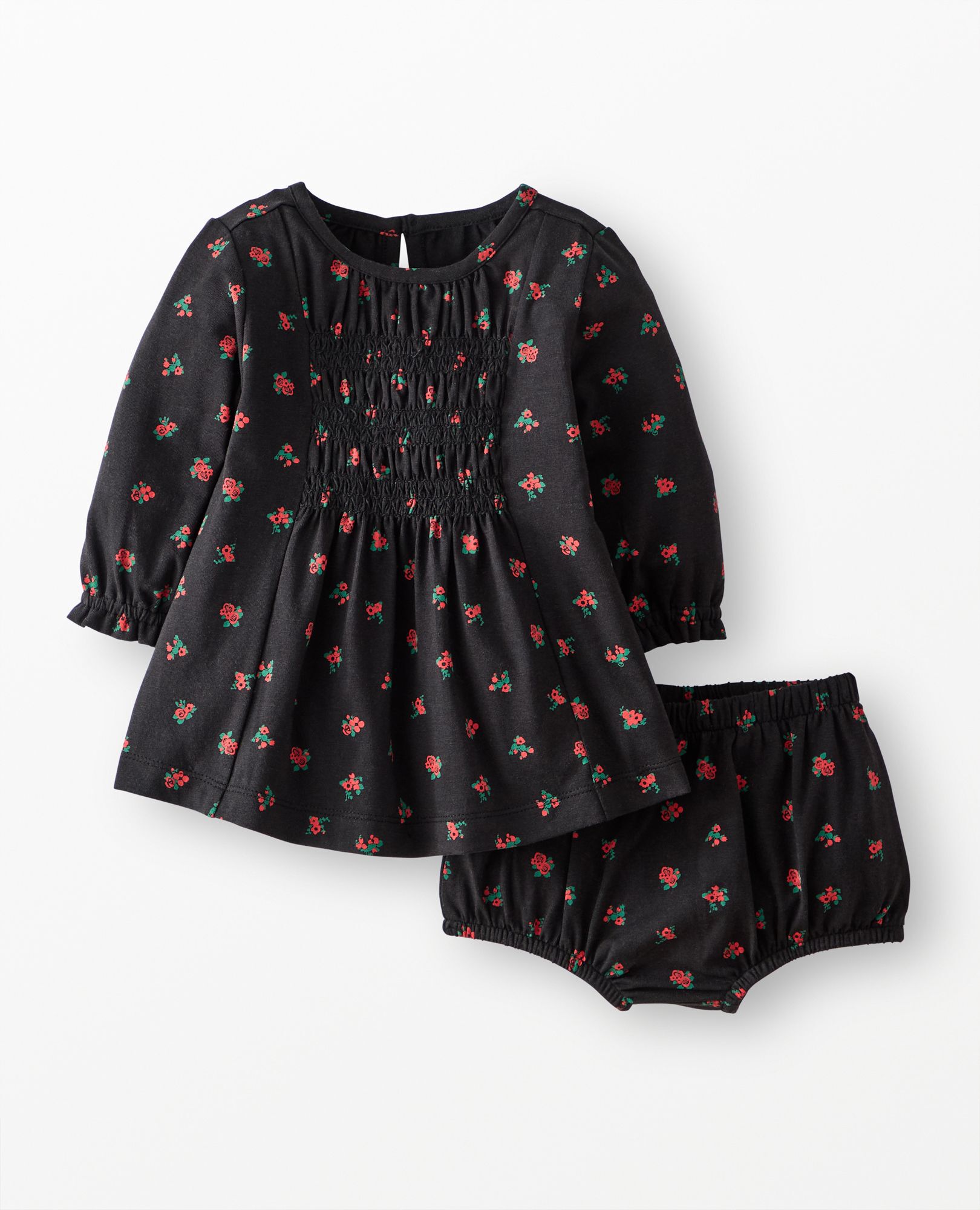 Baby Long Sleeve Smocked Dress & Bloomers Set in Delicate Florals on Black - main