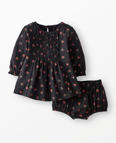 Baby Long Sleeve Smocked Dress & Bloomers Set in Delicate Florals on Black - main