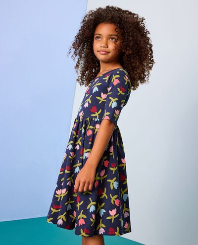 Elbow Sleeve Skater Dress with Pockets in Multi Tulips on Navy - main