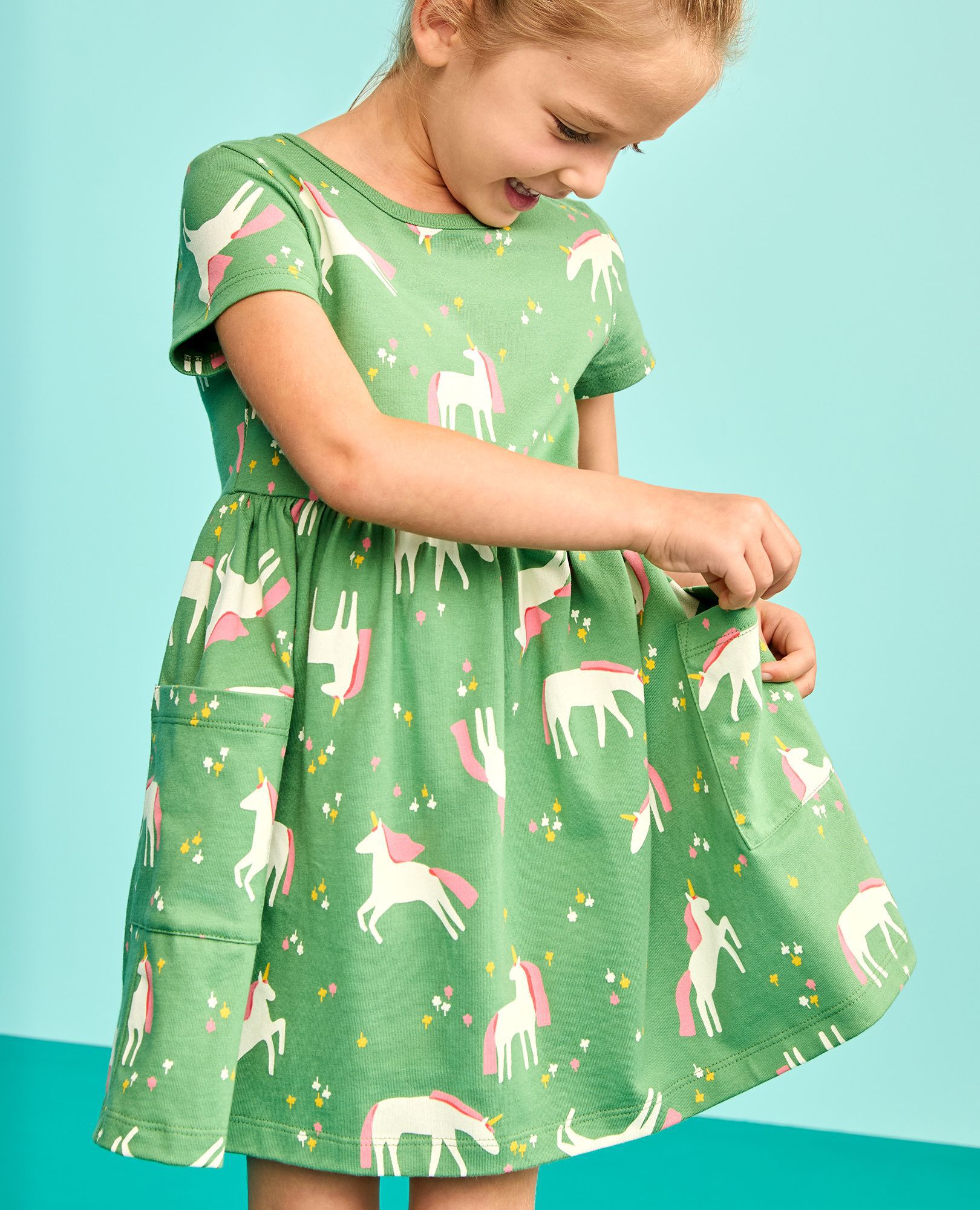 Playground Dress with Pockets in Unicorn Garden on Green - main