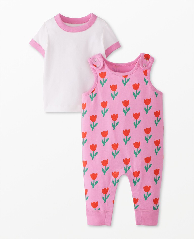 Baby Overalls & T-Shirt Set in Tulips on Fondant Pink - main