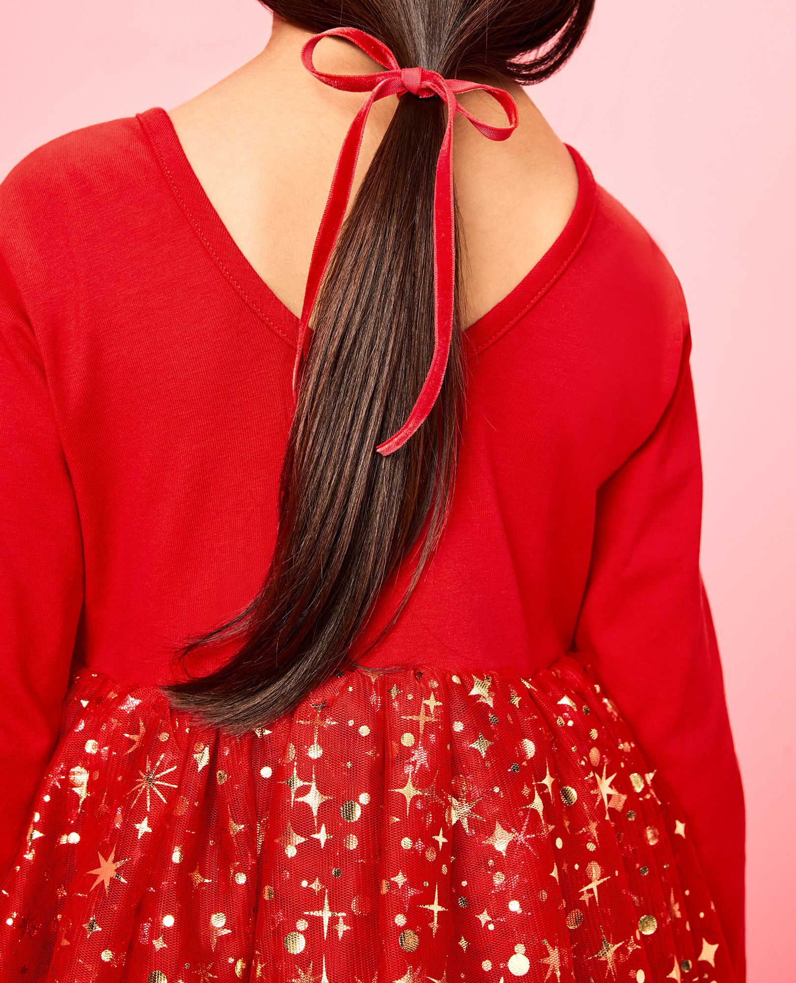 Long Sleeve Tulle Shimmer Dress in Ribbon Red - main