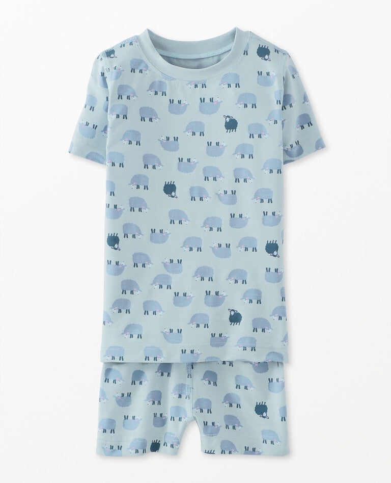 Kids Short John Pajama Set in HannaSoft™ in Mini Lamb on Celestial Blue - main