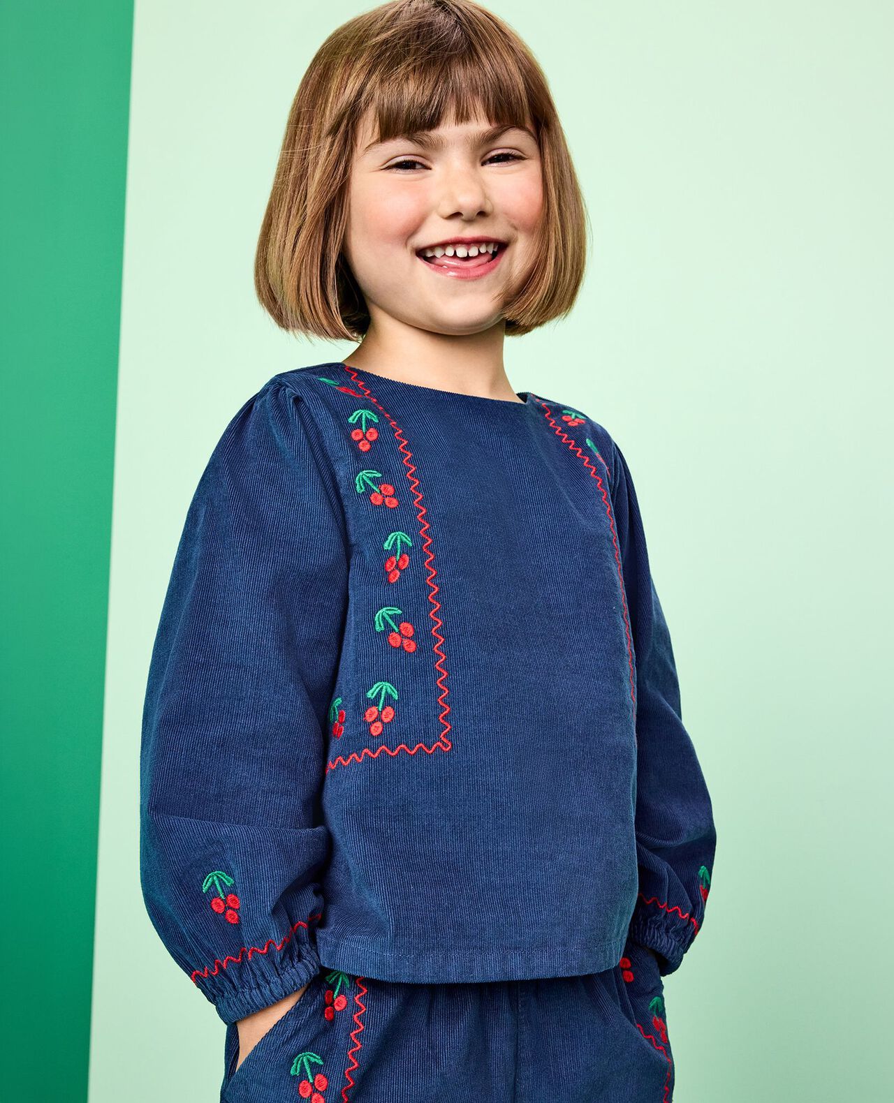 Long Sleeve Corduroy Embroidered Top in Midnight Blue - main