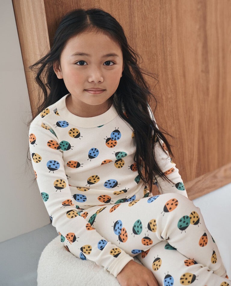Kids Long John Pajama Set in Ladybugs on Ecru - main