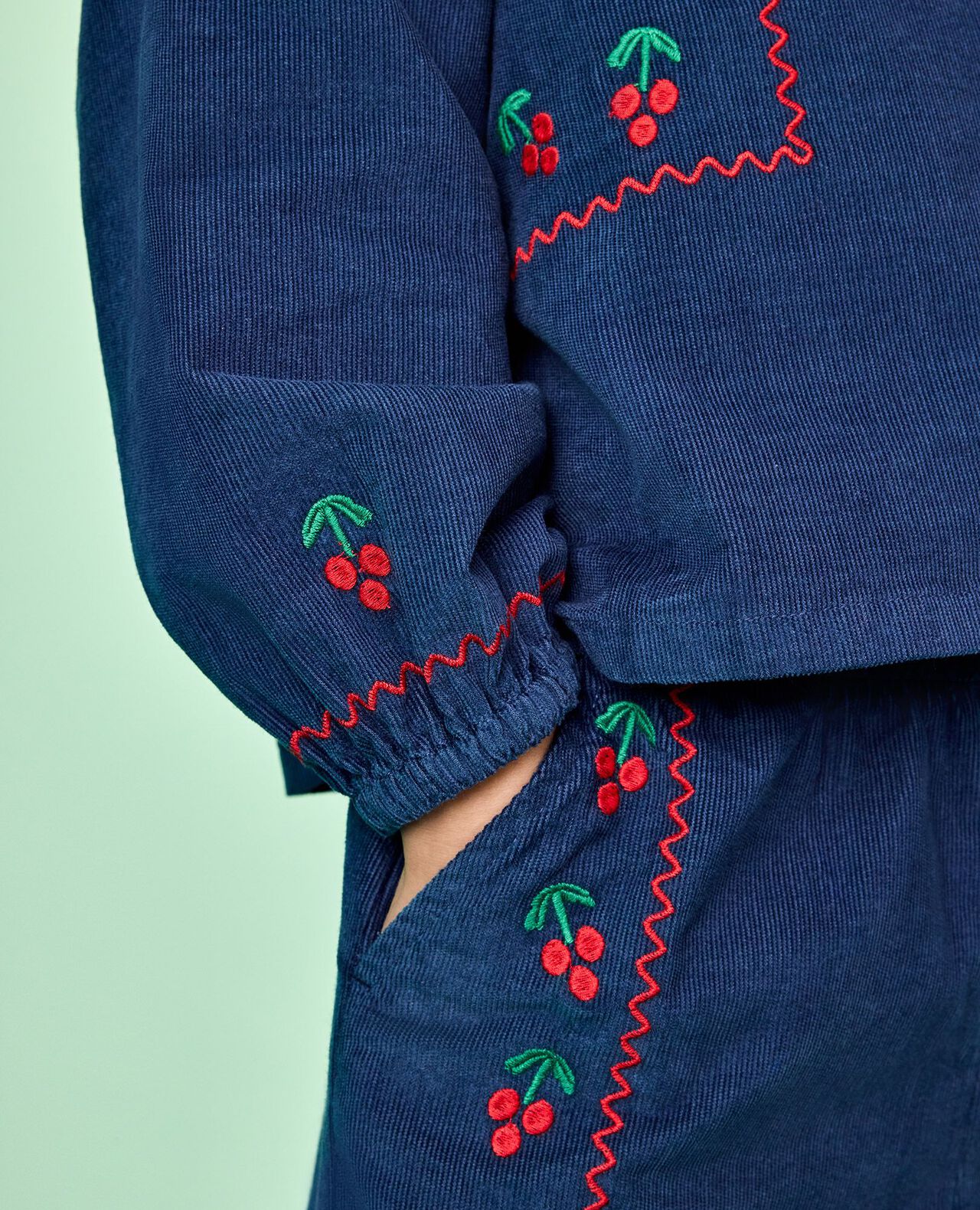 Long Sleeve Corduroy Embroidered Top in Midnight Blue - main