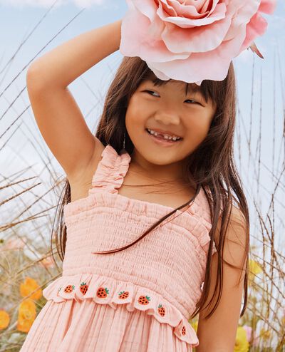 Sleeveless Smocked Muslin Dress in Pink Cream - main