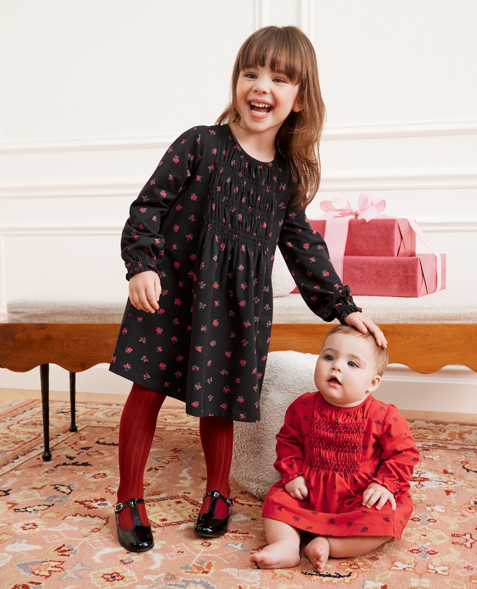 Baby Long Sleeve Smocked Dress & Bloomers Set in Delicate Florals on Scarlet Red - main