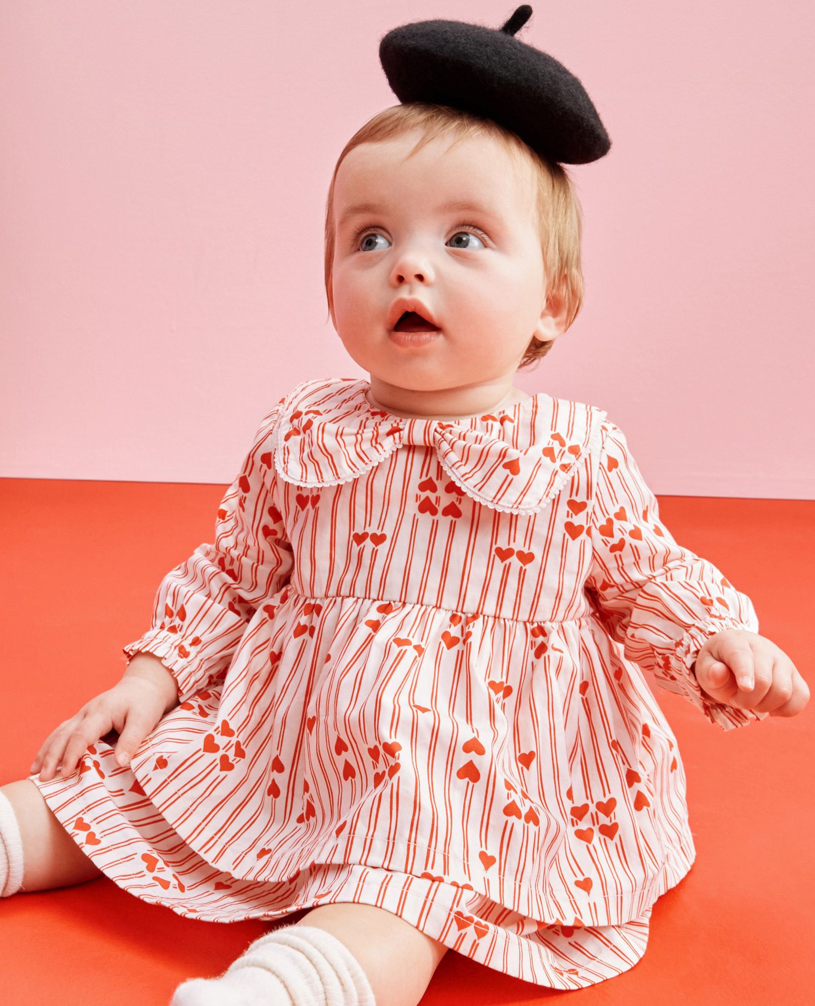 Baby Long Sleeve Poplin Bow Collar Dress & Bloomers Set in Red Stripes of Love - main