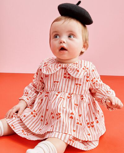 Baby Long Sleeve Poplin Bow Collar Dress & Bloomers Set in Red Stripes of Love - main