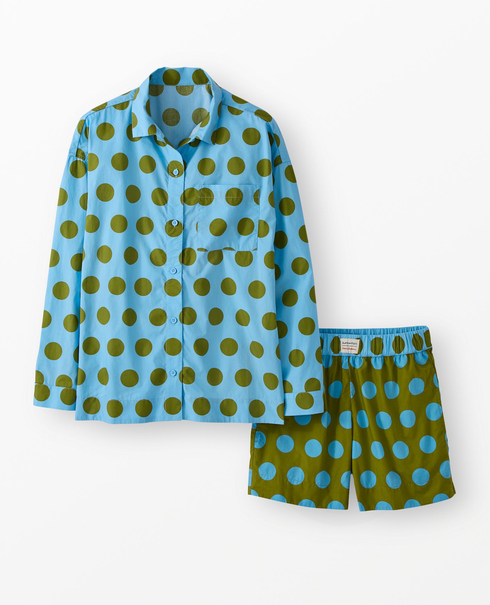 Women's Dusen Dusen Long Sleeve Poplin Pajama Set in Alaskan Blue/Golden Cypress Dots - main