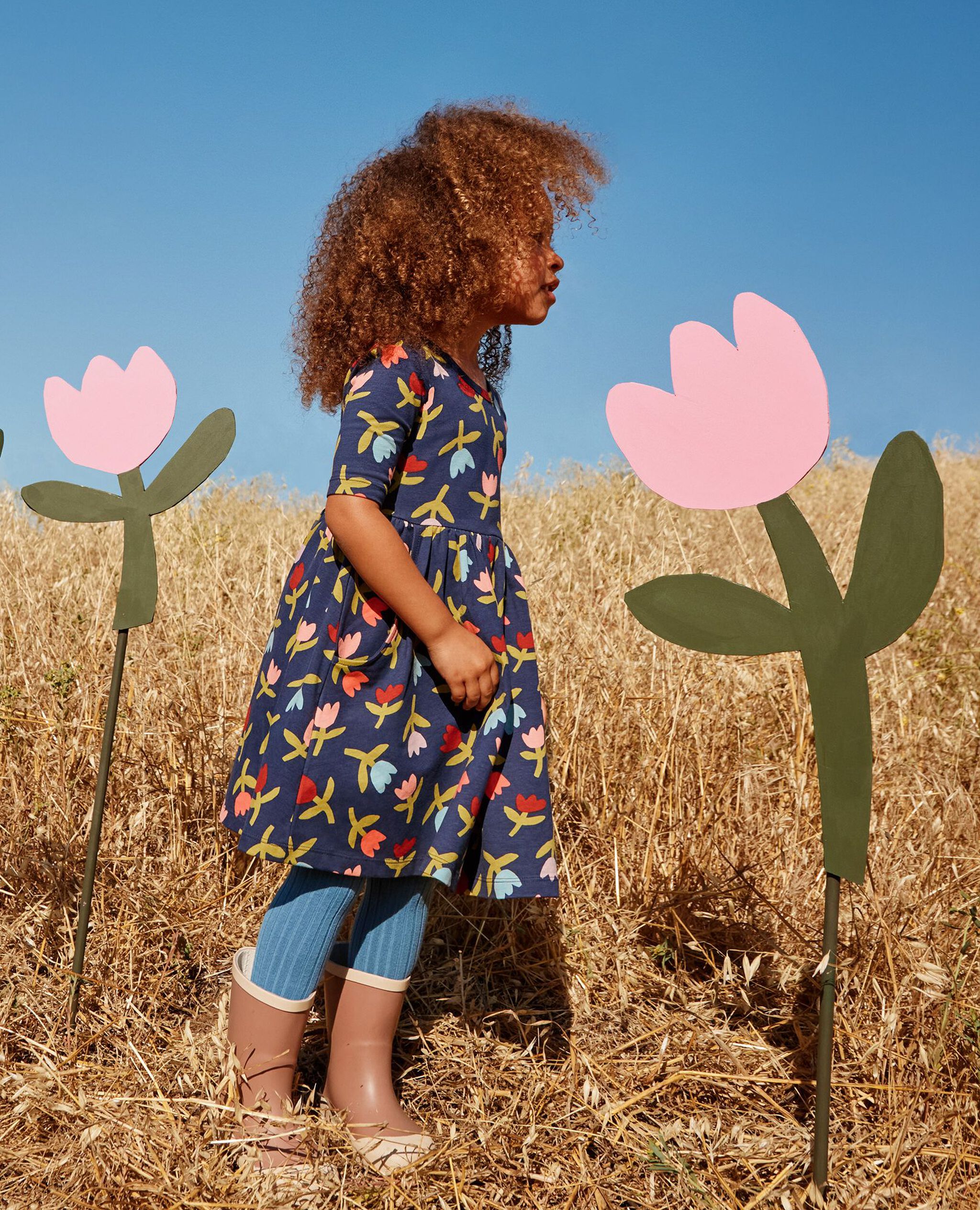 Elbow Sleeve Skater Dress with Pockets in Multi Tulips on Navy - main
