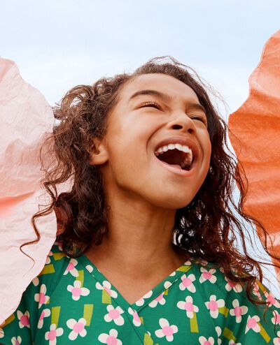 Back-to-Front Skater Dress with Pockets in A Field of Flowers on Green - main