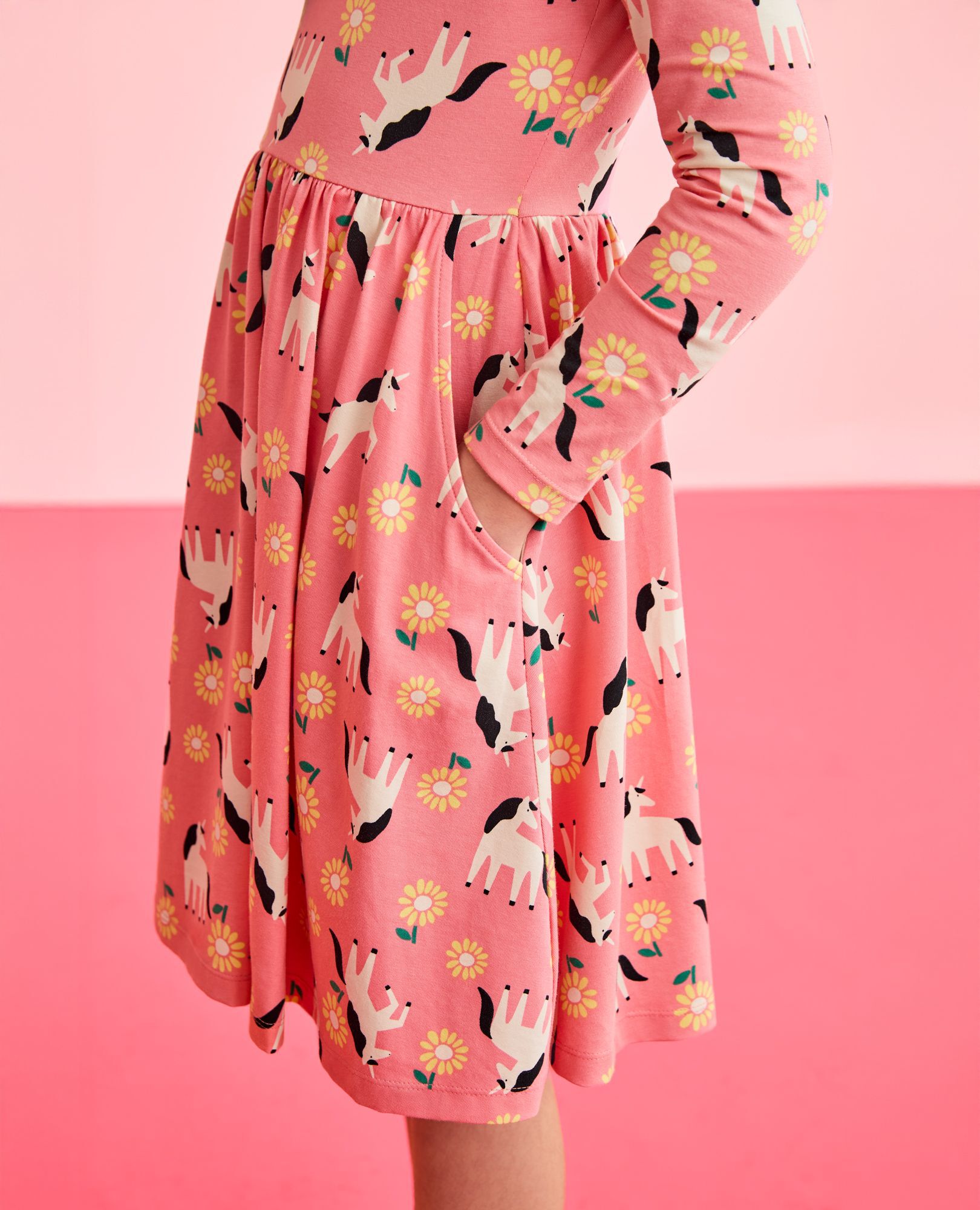 Long Sleeve Skater Dress with Pockets in Unicorns - main