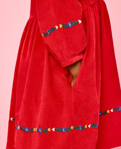 Embroidered Corduroy Dress with Pockets in Holiday Red - main