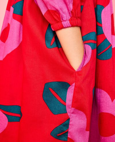 Long Sleeve Twill Collared Dress with Pockets in Purple Orchid Holiday Floral on Ribbon Red - main