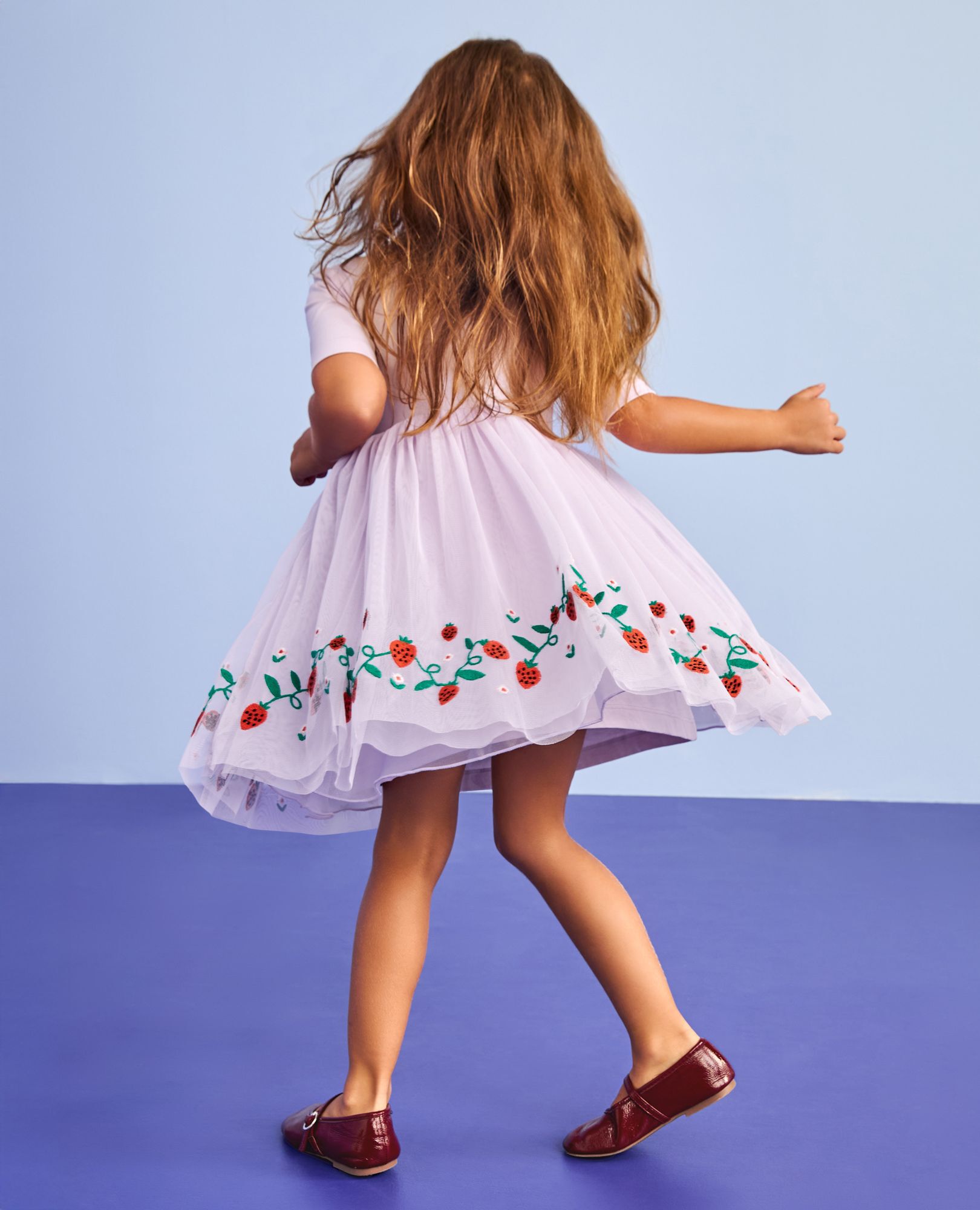 Tulle Embroidered Skater Dress in Strawberries on Orchid Hush - main