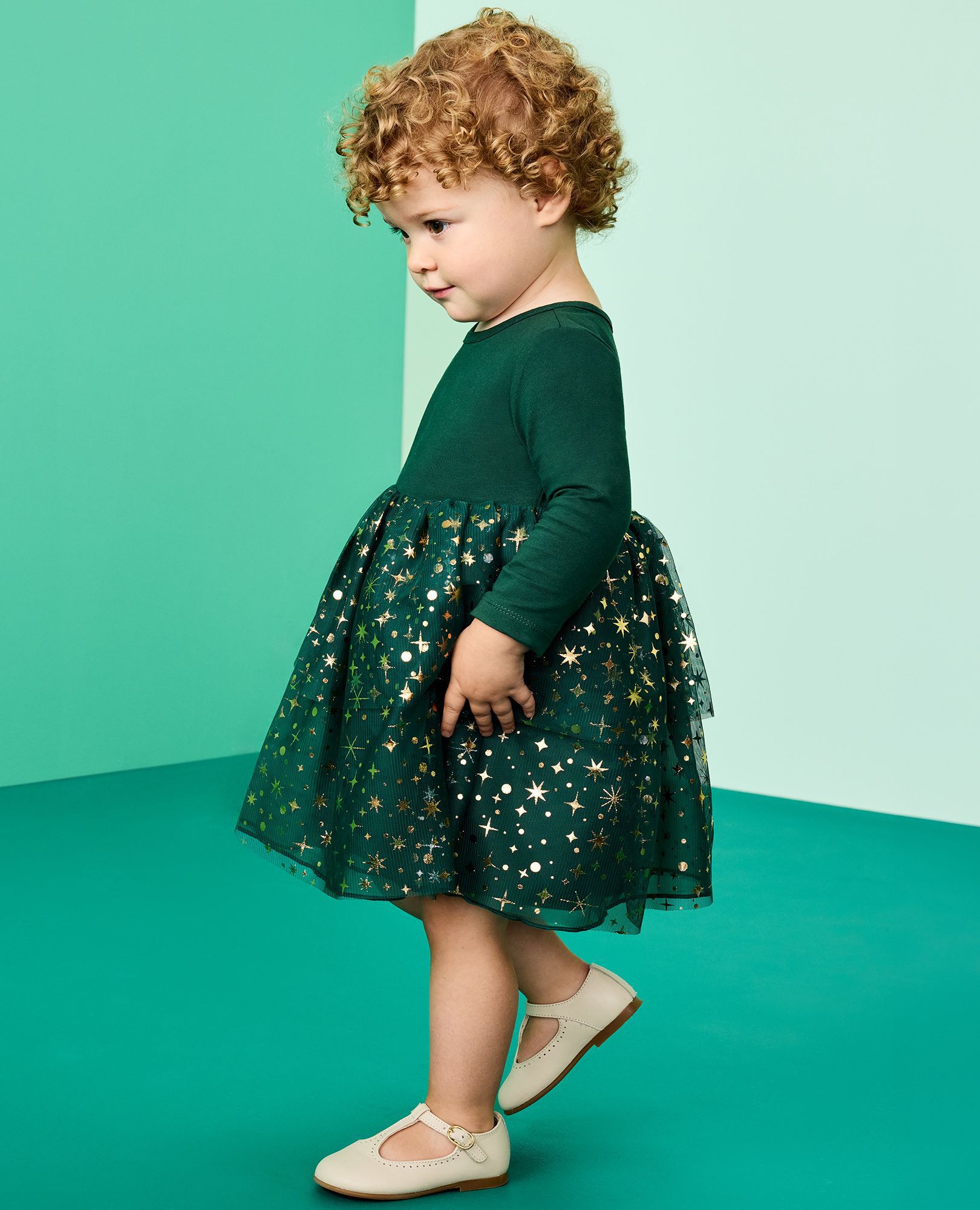 Baby Long Sleeve Tulle Shimmer Dress in Malachite - main