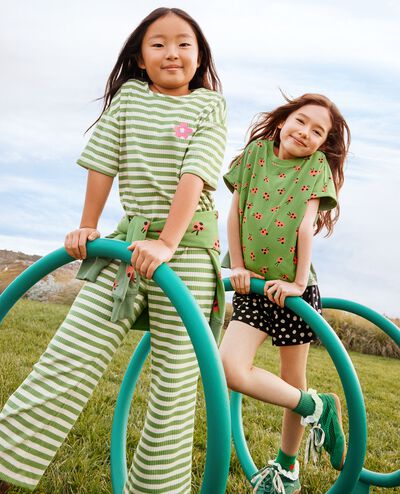 Relaxed Fit Ribbed Embroidered T-Shirt in Stone Green/Ecru - main