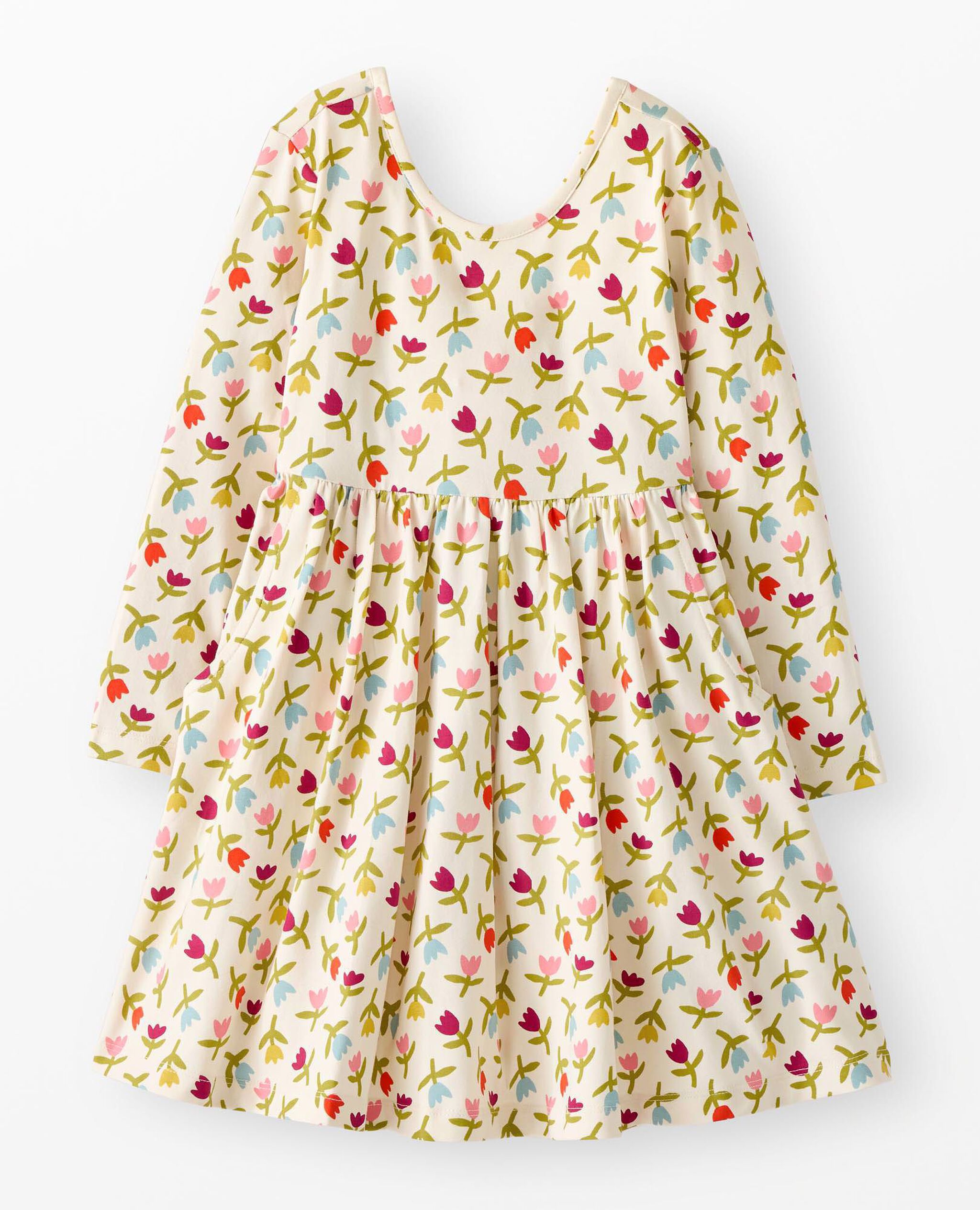 Long Sleeve Skater Dress with Pockets in Multicolor Tulips on Ecru - main