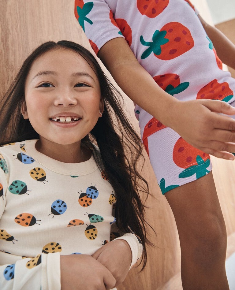 Kids Long John Pajama Set in Ladybugs on Ecru - main
