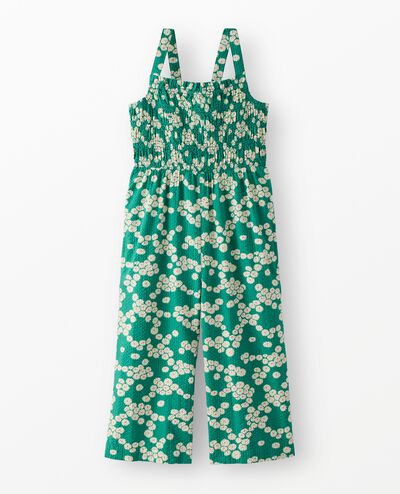 Sleeveless Seersucker Smocked Jumpsuit in Flowers on Green - main