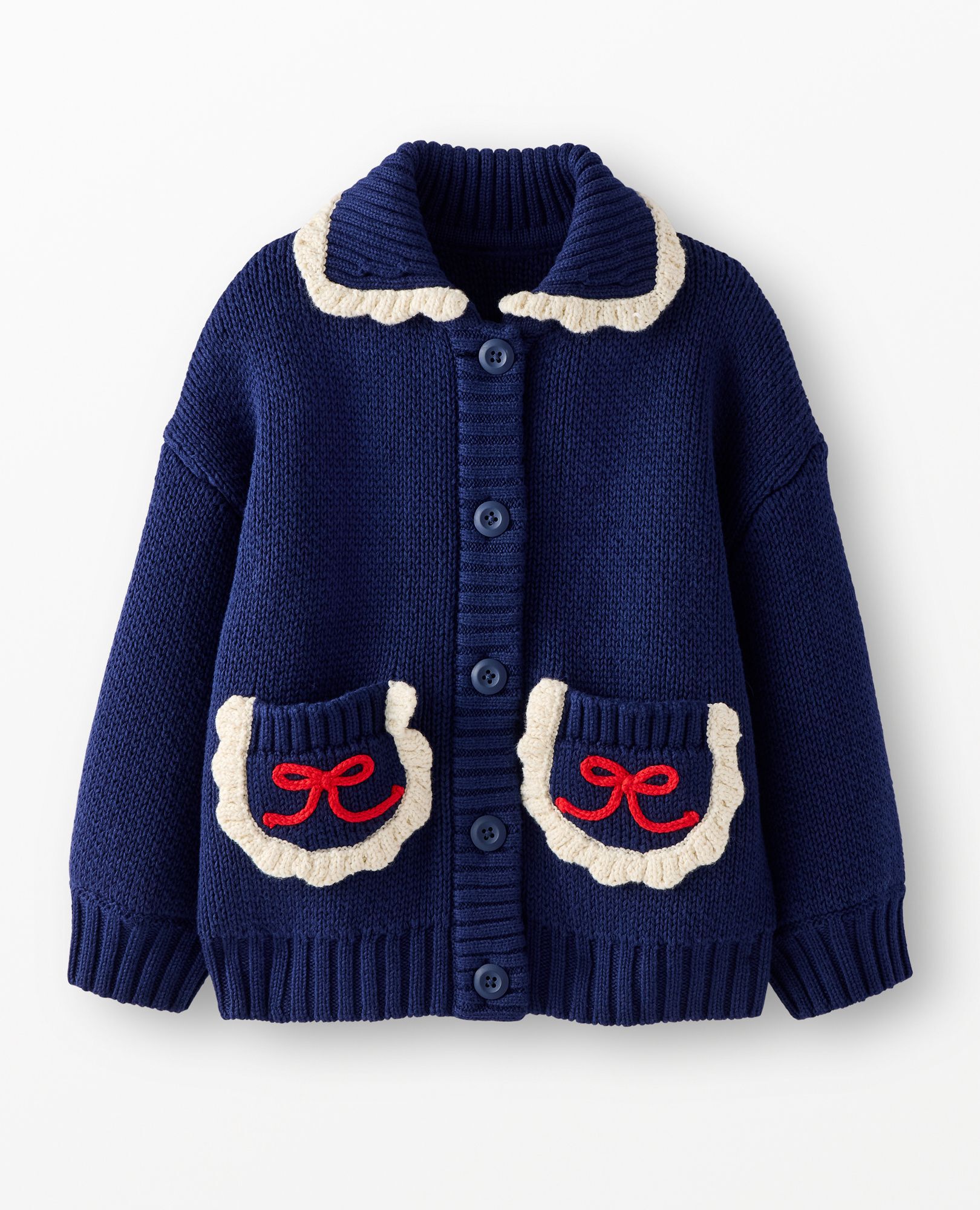 Collared Bow Pocket Cardigan in Navy Blue - main