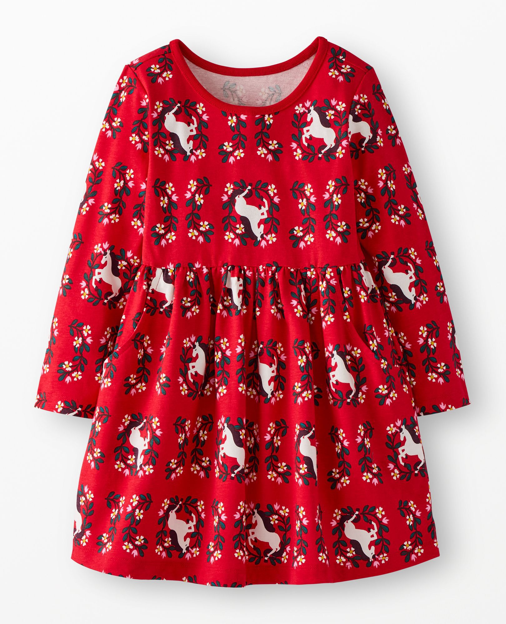 Long Sleeve Everywhere Dress with Pockets in Magical Unicorn on Ribbon Red - main