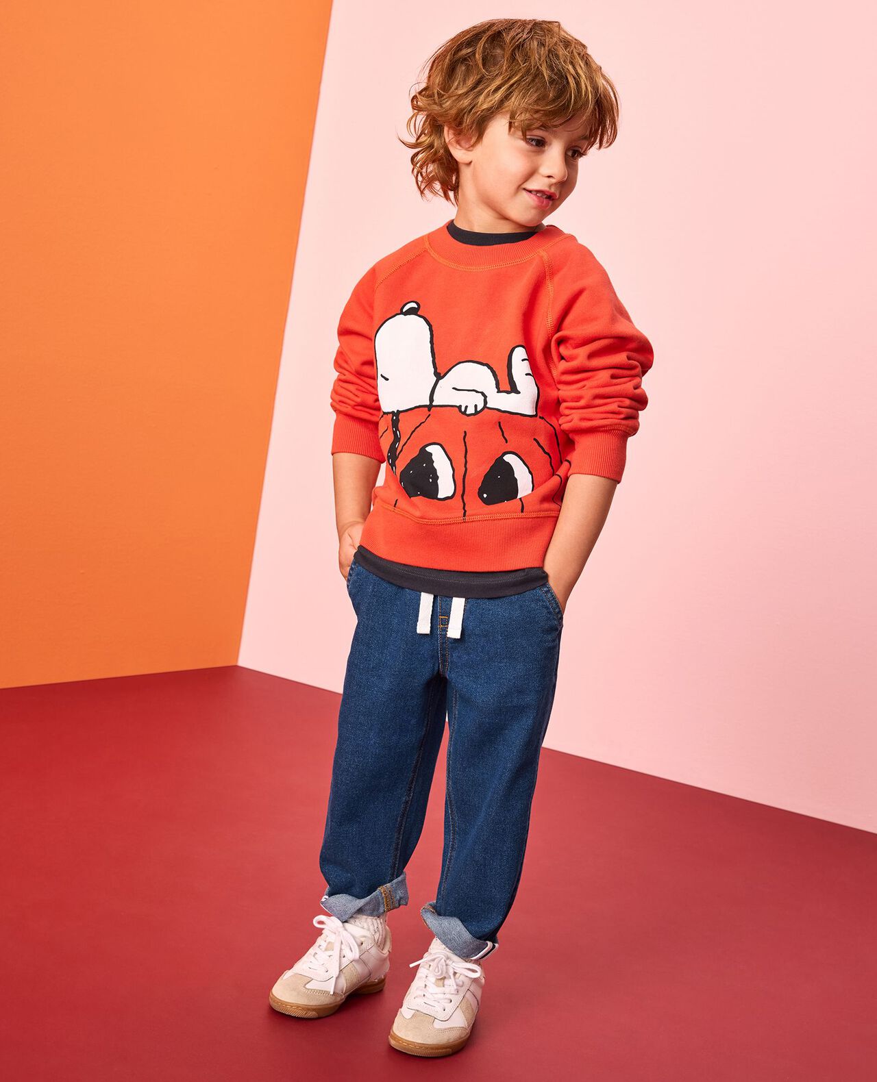 Peanuts Halloween French Terry Sweatshirt in Snoopy Pumpkin Graphic on Orange - main