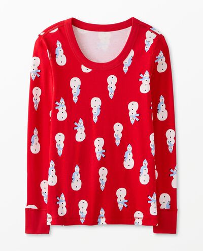 Women's Holiday Long John Pajama Top in Snowmen on Red - main