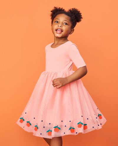 Embroidered Tulle Dress in Red Apples on Pink - main
