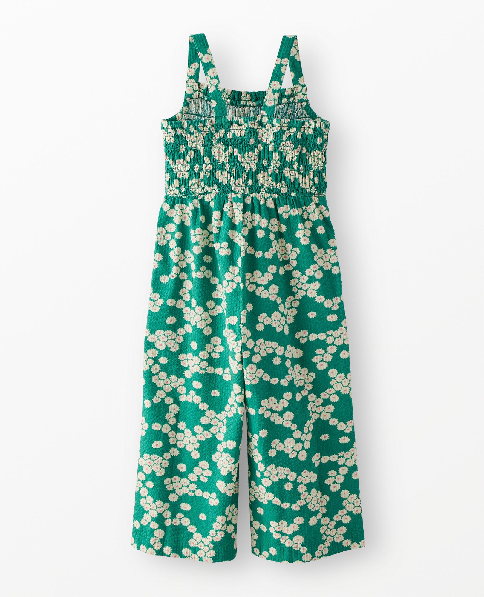 Sleeveless Seersucker Smocked Jumpsuit in Flowers on Green - main