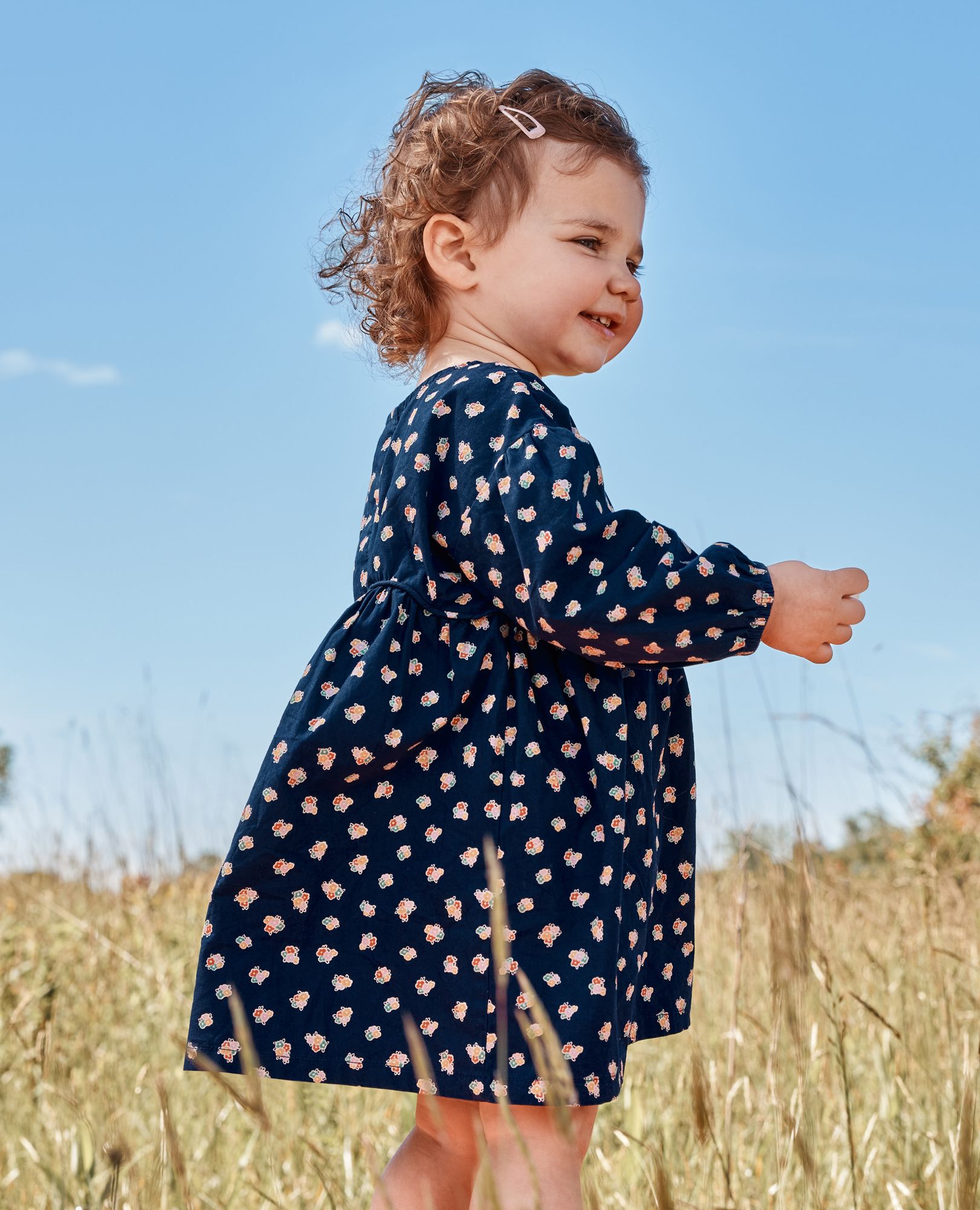 Baby Long Sleeve Poplin Dress & Bloomers Set in Flower Bunch on Navy - main