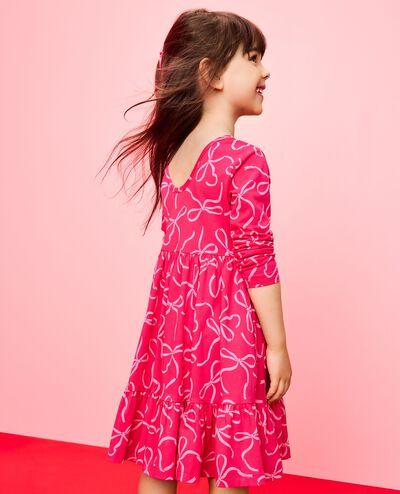 Long Sleeve Ruffle Skater Dress with Pockets in Bows on Beetroot Pink - main
