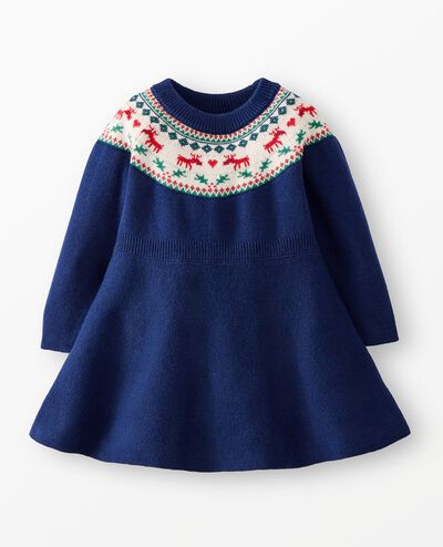 Baby Holiday Sweater Dress in Dear Deer on Navy - main