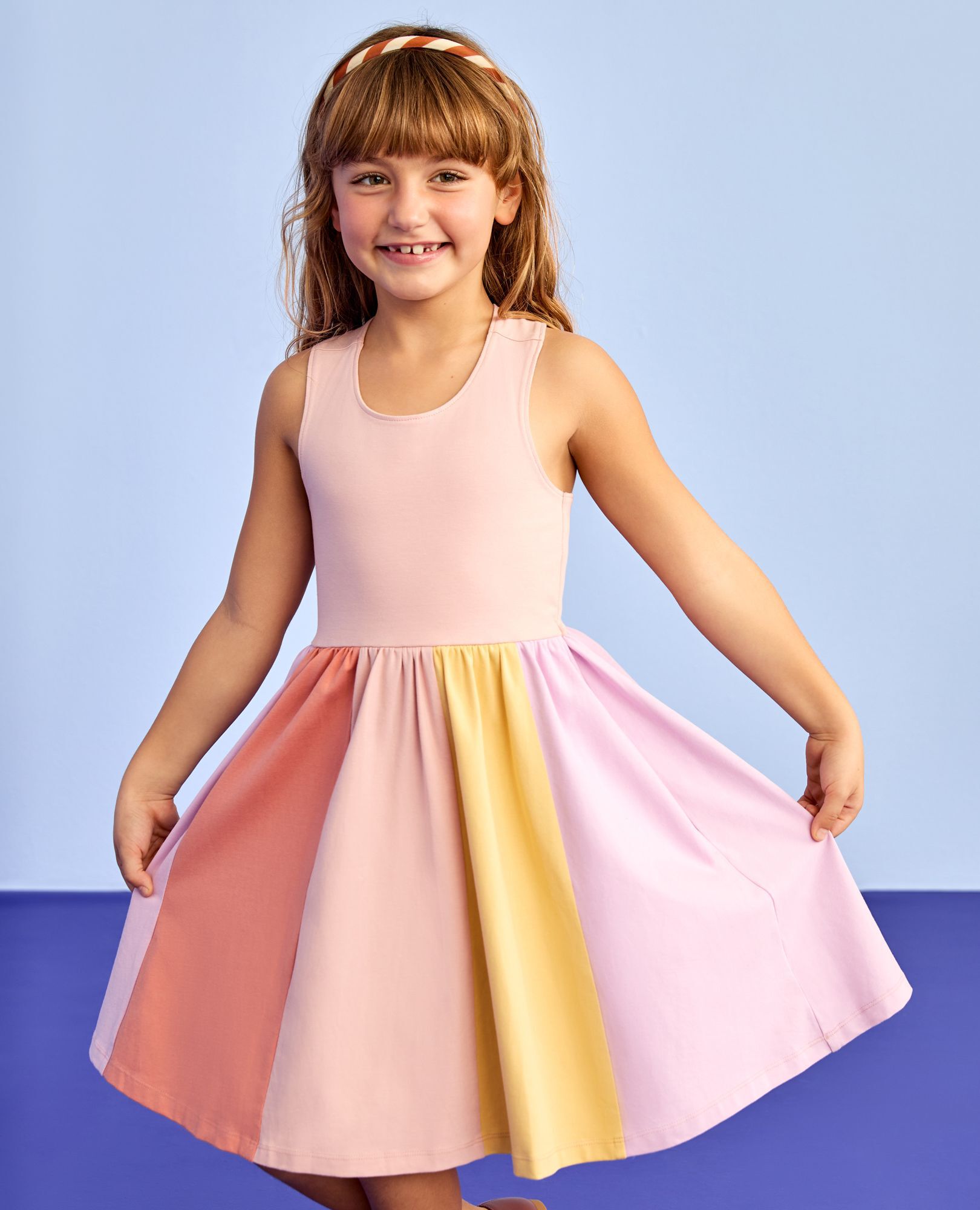 Rainbow Skirt Skater Dress with Pockets in Blush Pink - main