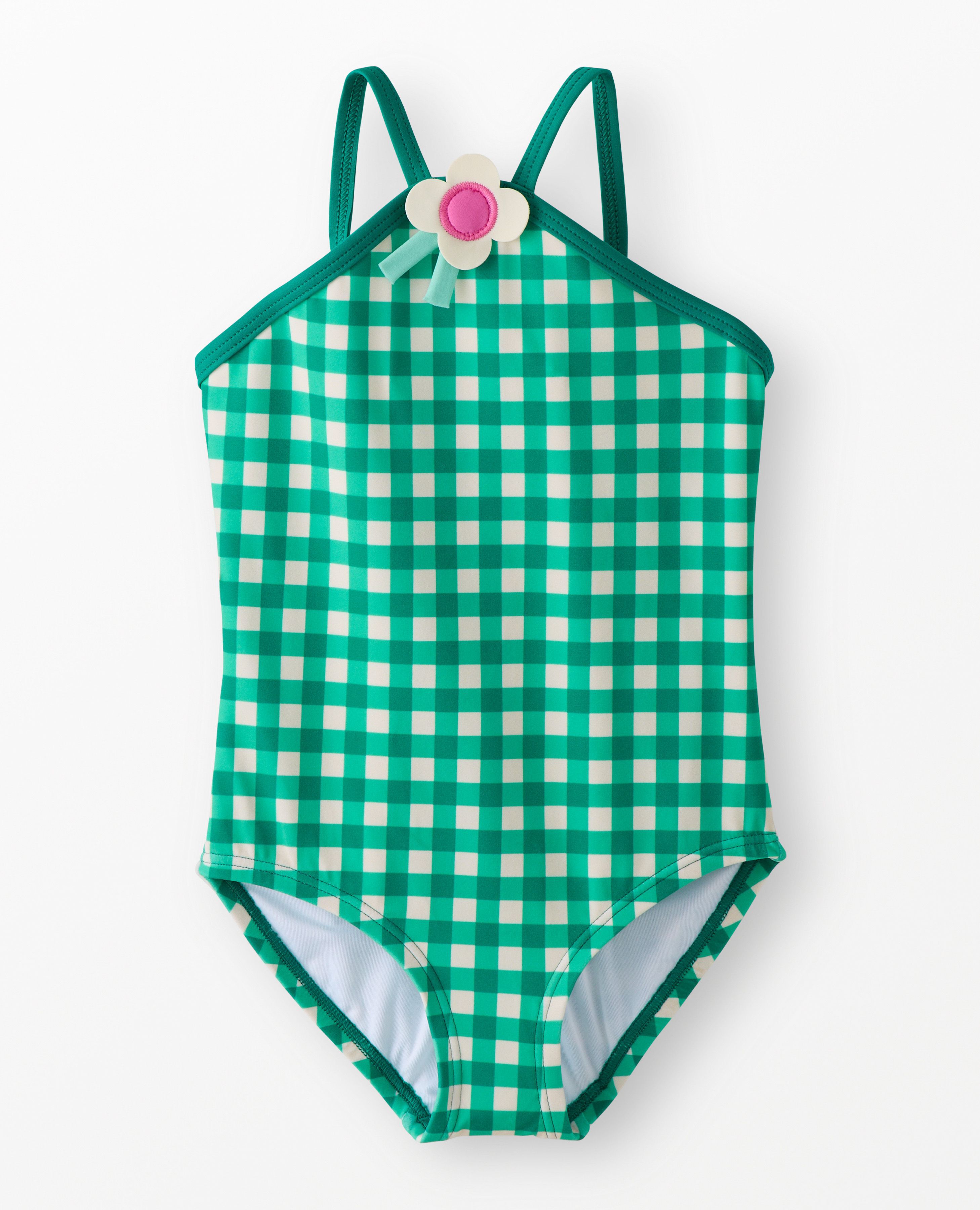 One-Piece Gingham Flower Swimsuit in Green Gingham - main