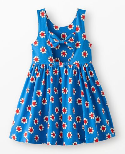 Bow Back Skater Dress with Pockets in Red Flowers on Swedish Sky - main
