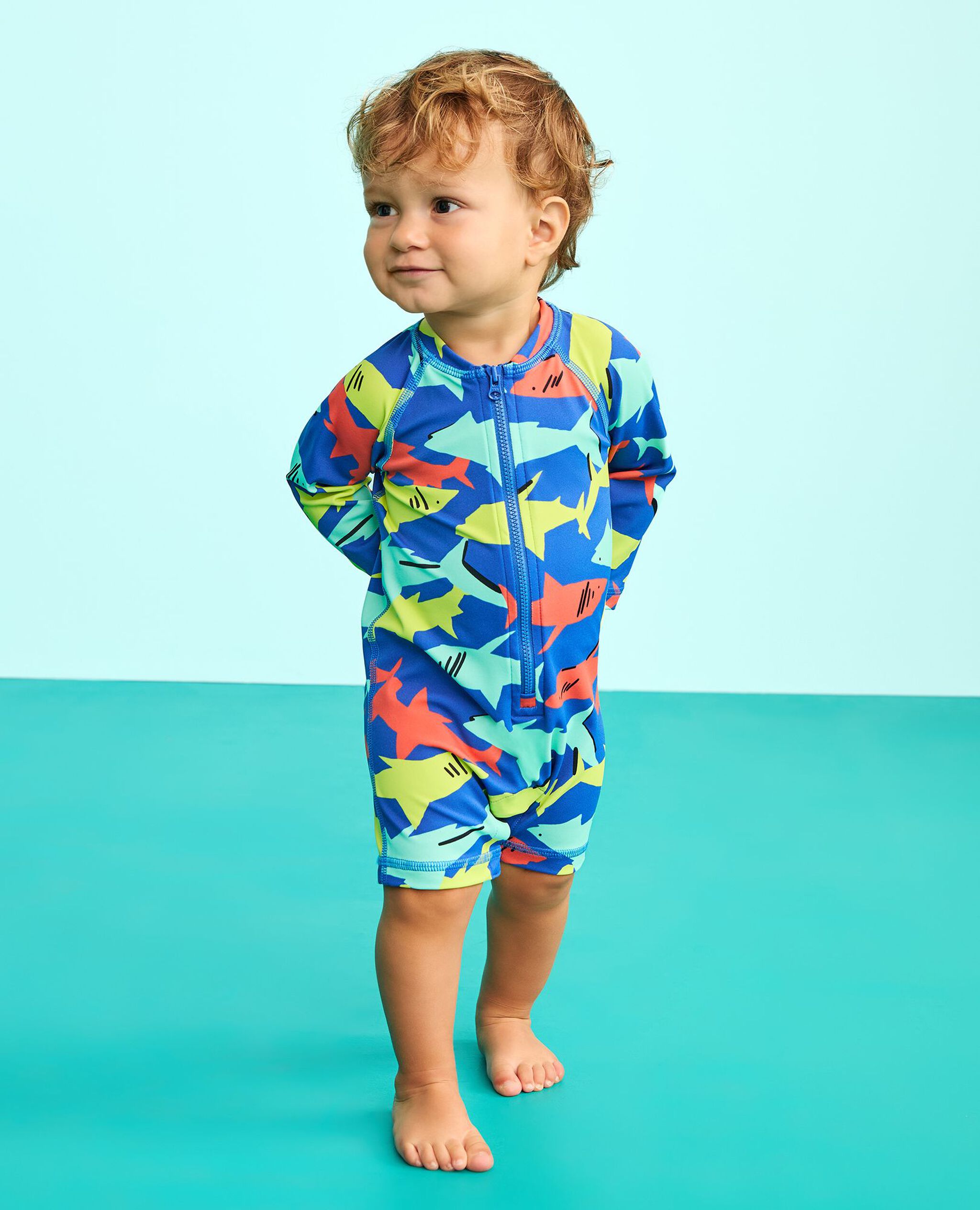 Baby Rashguard Swimsuit in Neon Sharks - main