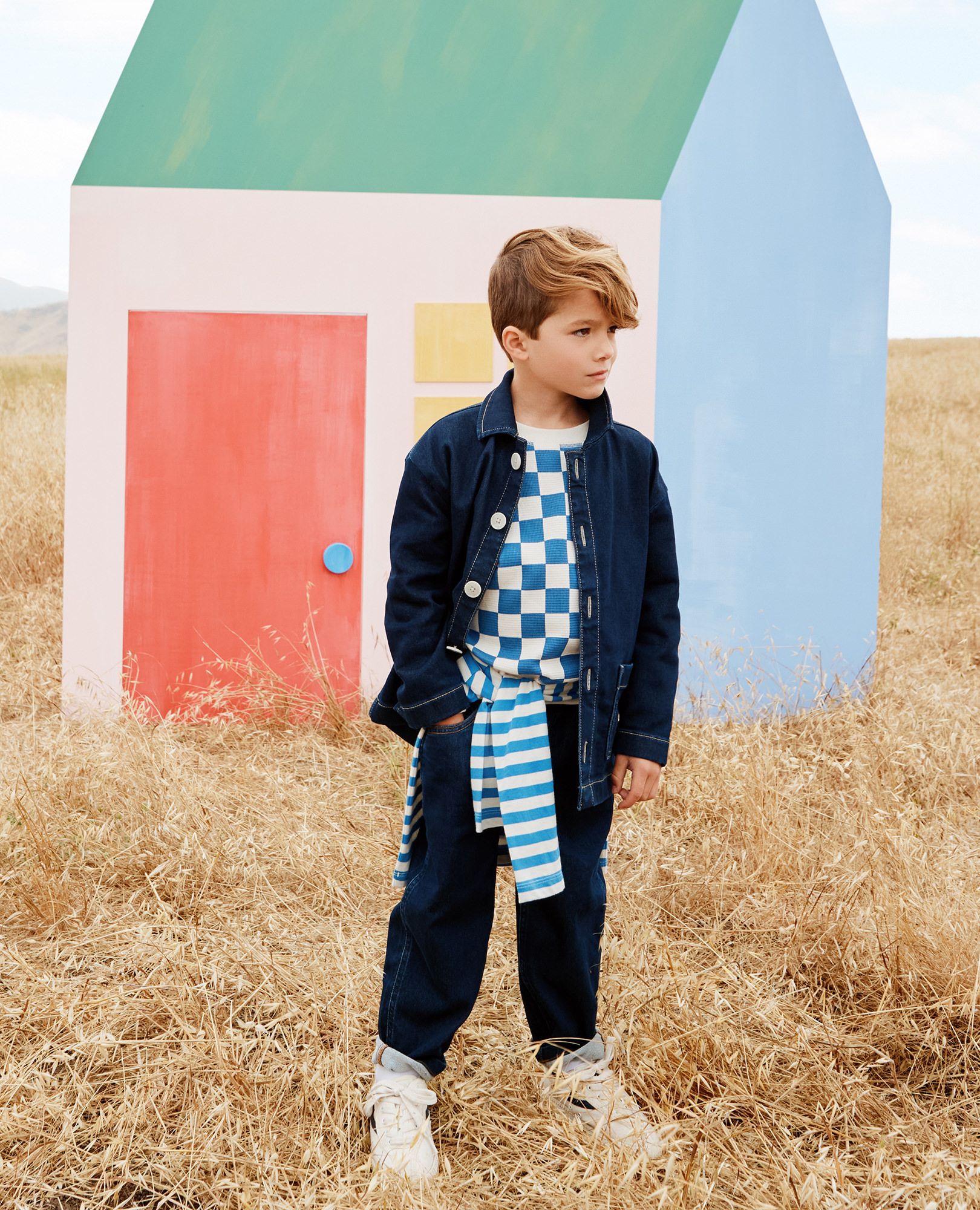Checkered Waffle Crewneck in Dark Blue/Ecru Checkerboard - main