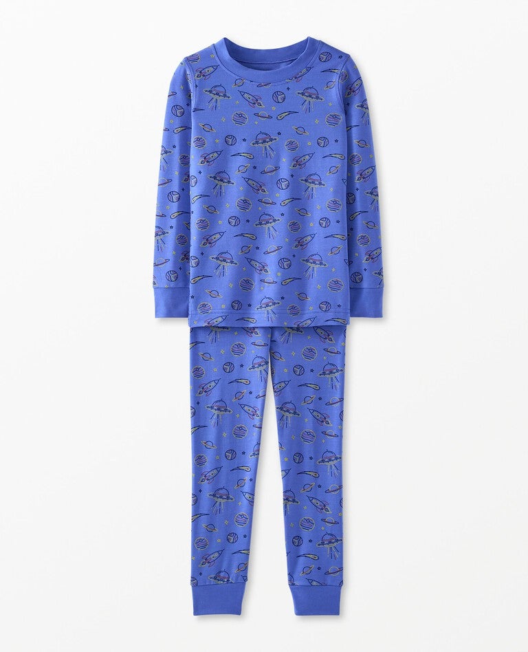 Kids Long John Pajama Set in HannaSoft™ in Cosmic Trek Doodle on French Blue - main