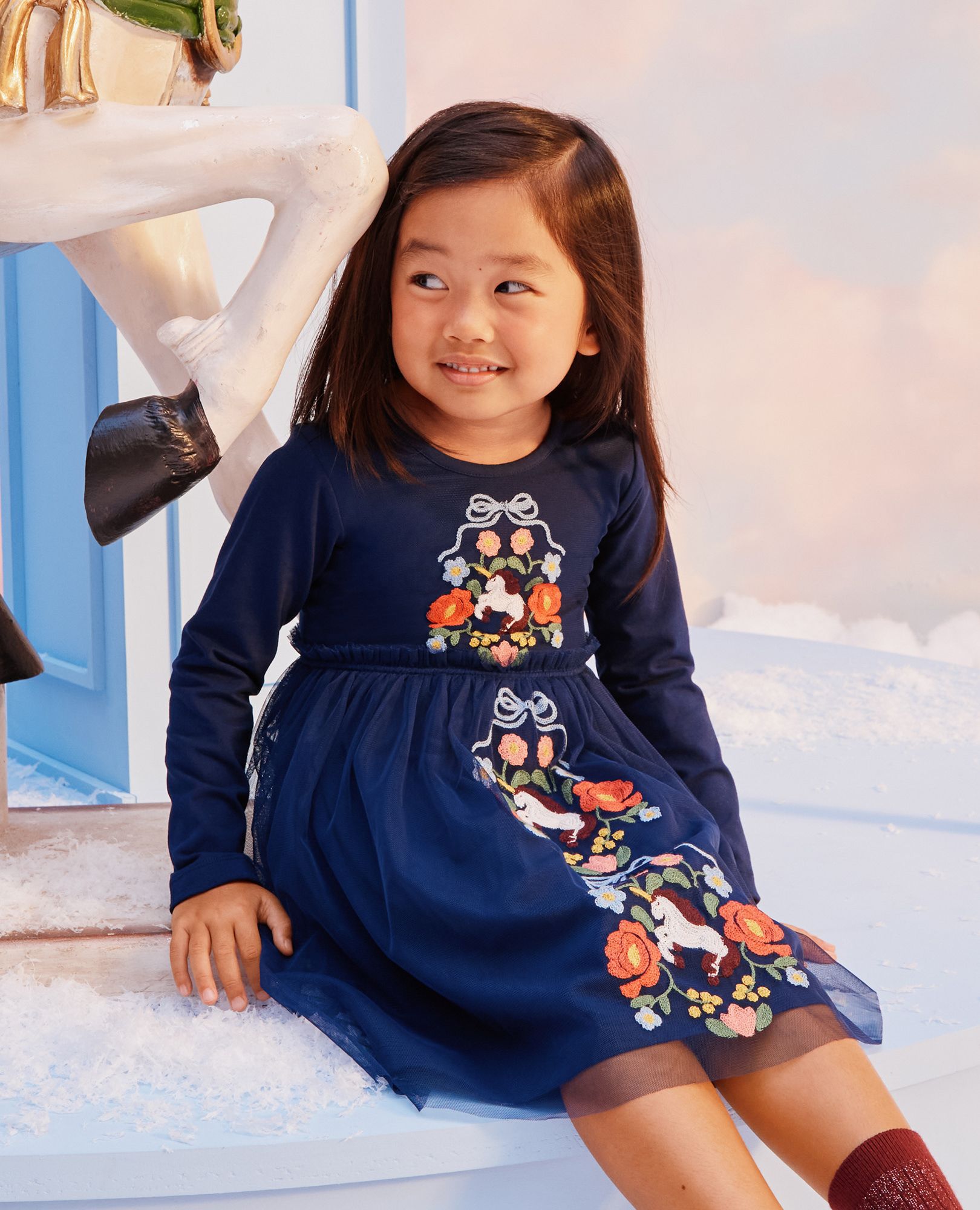 Long Sleeve Tulle Embroidered Dress in Magical Unicorn on Navy Blue - main