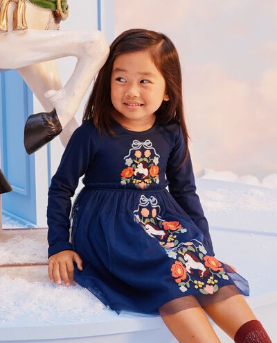 Long Sleeve Tulle Embroidered Dress in Magical Unicorn on Navy Blue - main