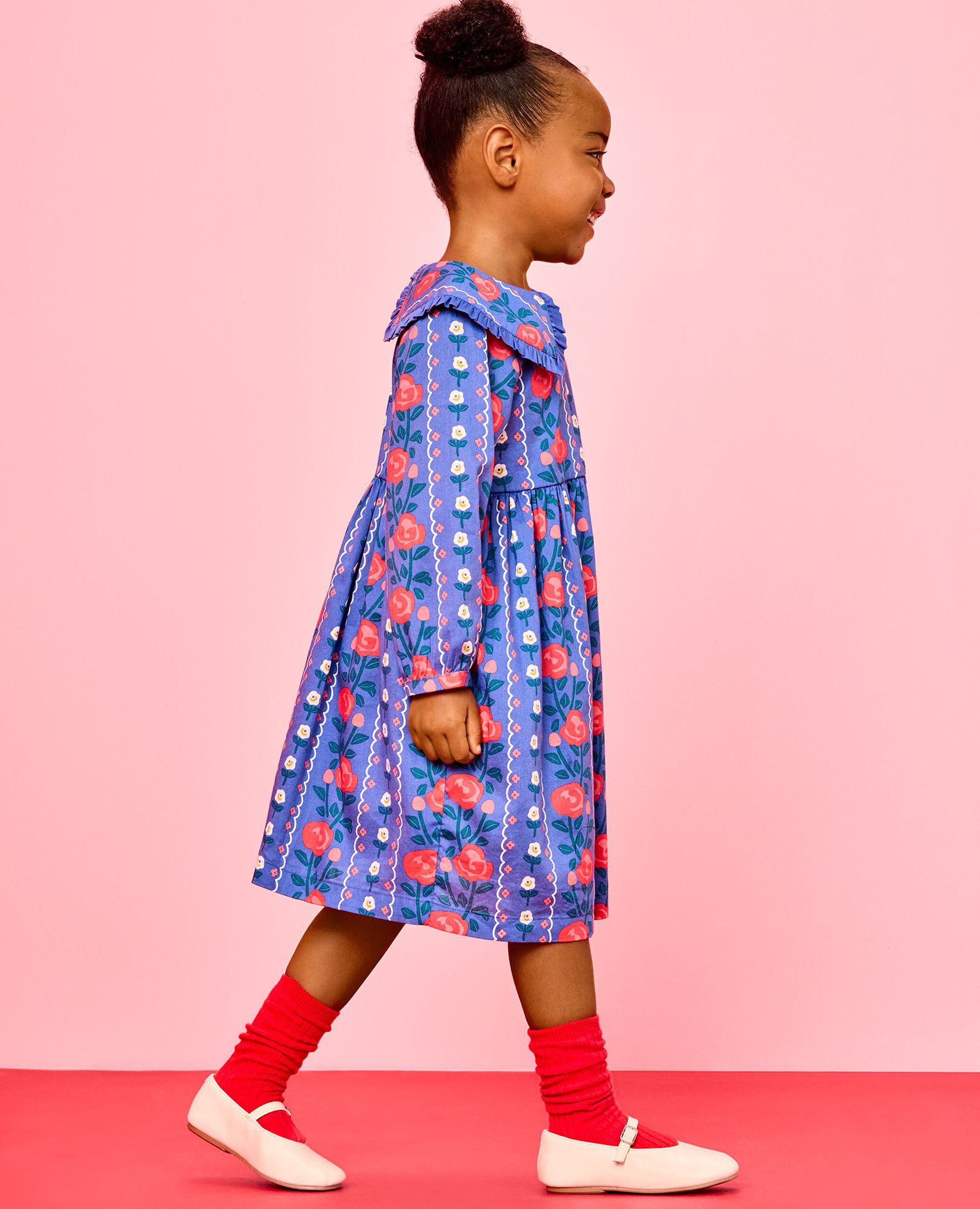 Long Sleeve Ruffle Collar Twill Dress with Pockets in Floral Wallpaper - main