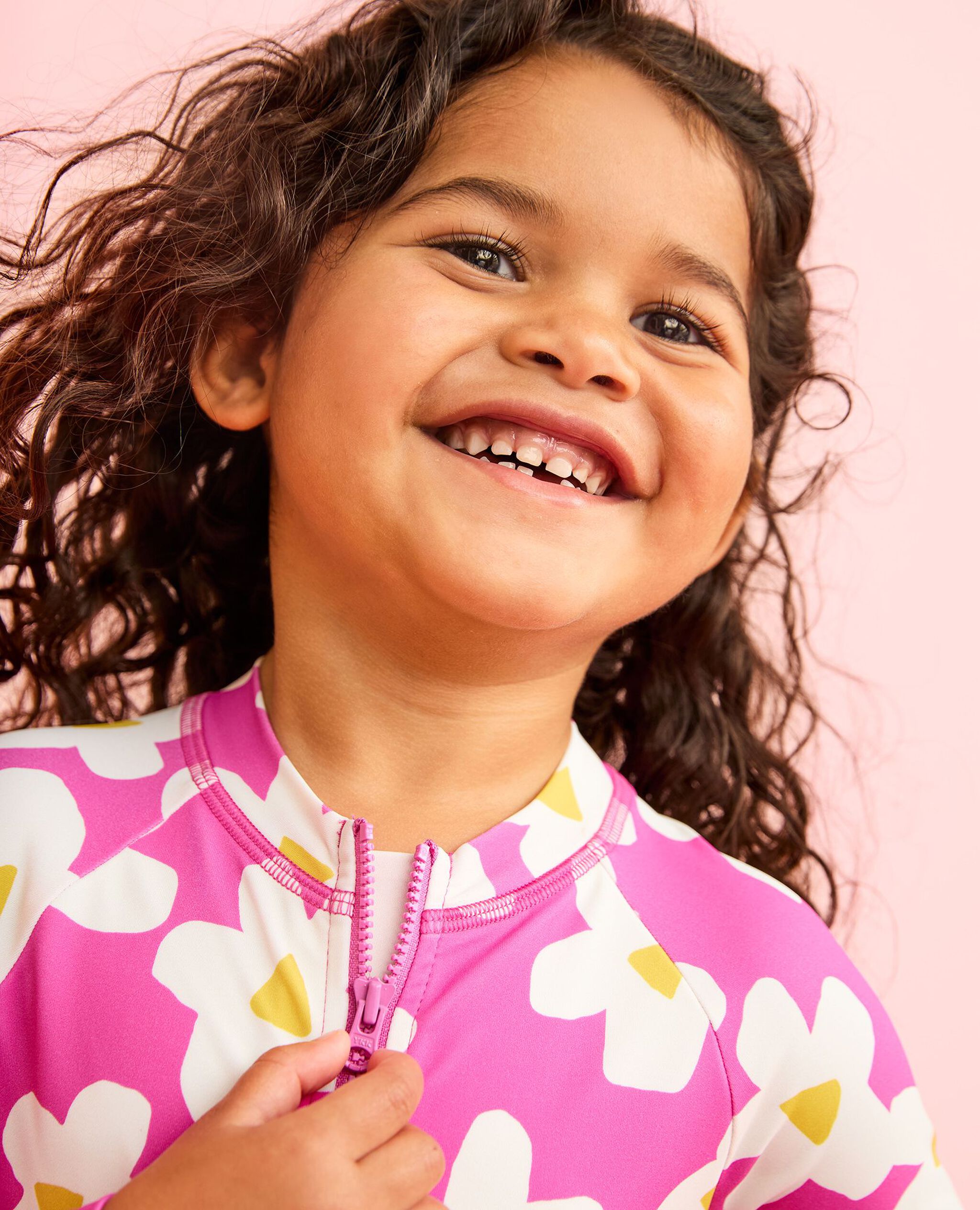 One-Piece Rashguard Swimsuit in Ecru Flowers on Pink - main