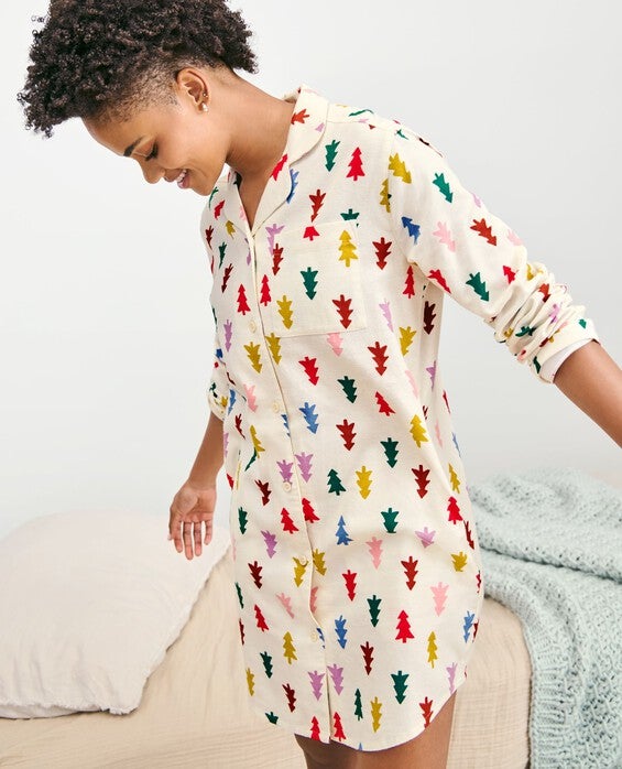 Women's Festive Forest On Ecru Holiday Flannel Nightshirt in 100% Cotton - Size Adult XXL by Hanna Andersson