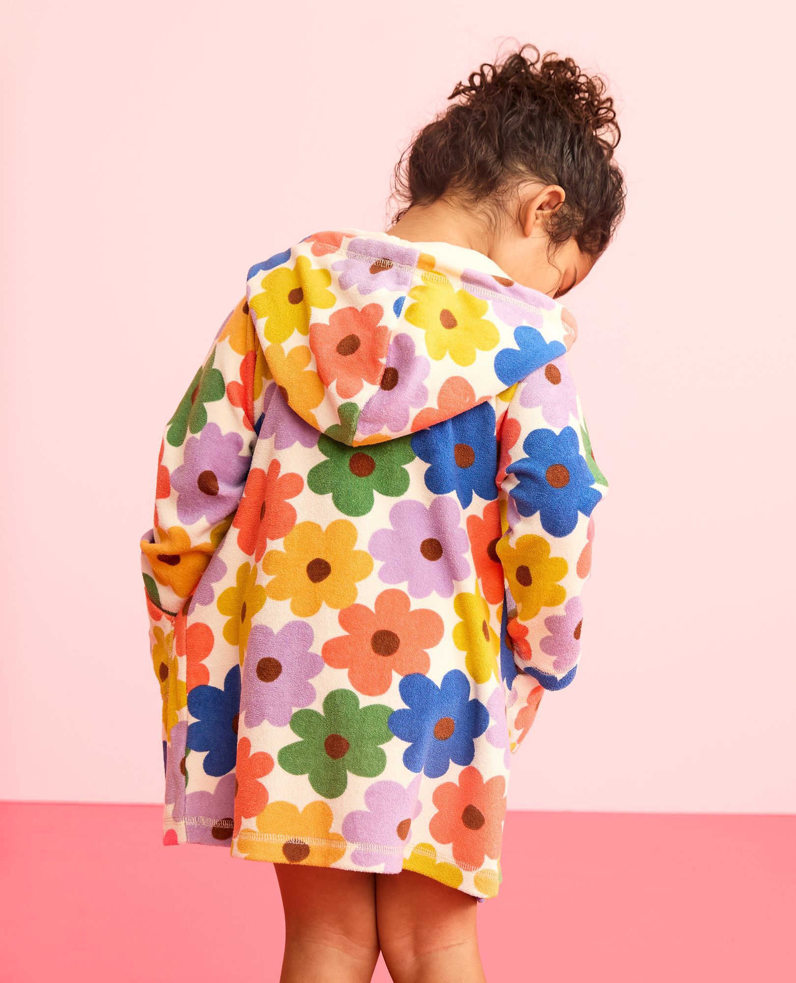 Long Sleeve Loop Terry Hoodie Cover Up in Multicolored Spring Daisies on Ecru - main