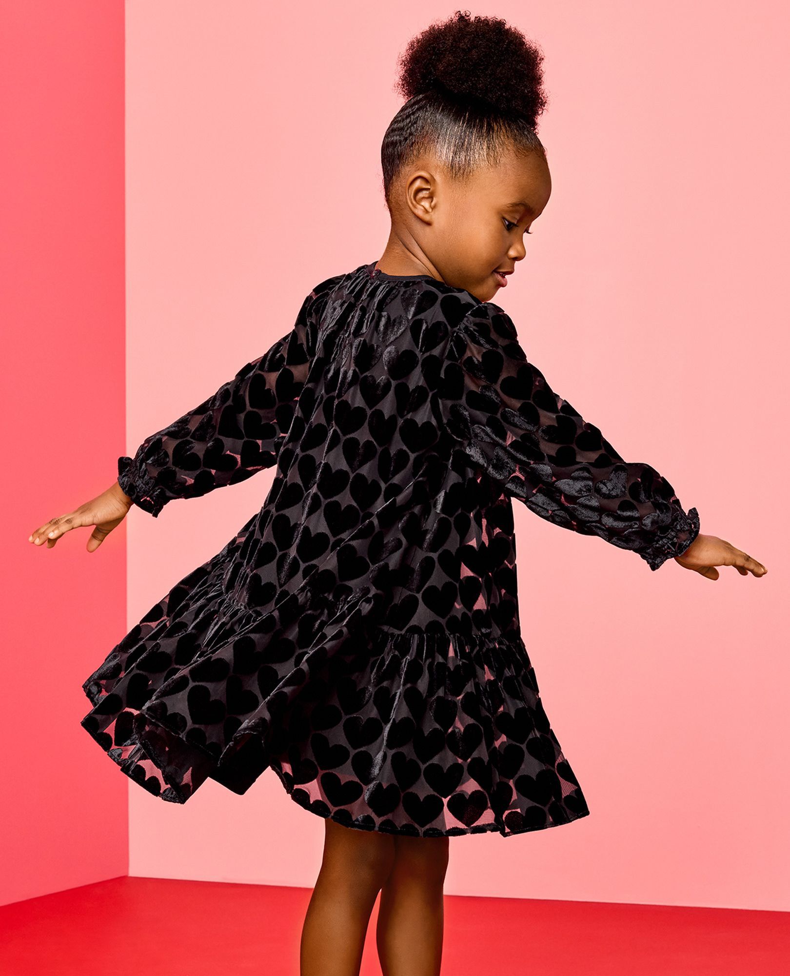 Balloon Sleeve Velvet Tiered Dress in Hearts on Black - main
