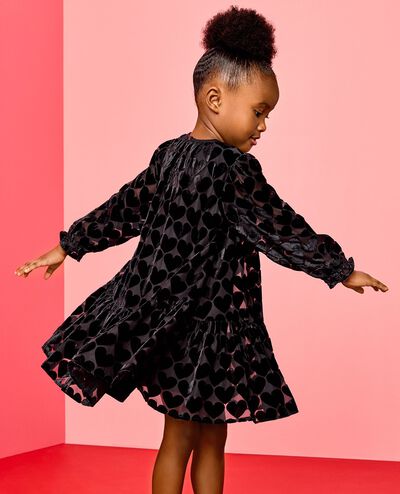 Balloon Sleeve Velvet Tiered Dress in Hearts on Black - main